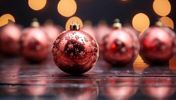 ai gerado Natal enfeite brilhando em Sombrio madeira mesa, refletindo luz de velas gerado de ai foto