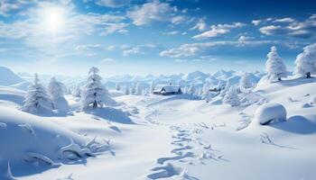 ai gerado inverno panorama neve coberto montanhas, tranquilo floresta, azul céu gerado de ai foto