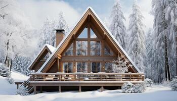 ai gerado inverno panorama neve coberto montanhas, acolhedor cabana, congeladas floresta gerado de ai foto