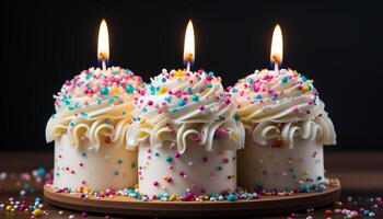 ai gerado aniversário celebração com doce, multi colori bolos de copo e queimando velas gerado de ai foto