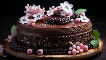 ai gerado caseiro chocolate bolo de queijo, uma doce indulgência em uma de madeira prato gerado de ai foto