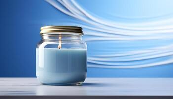 ai gerado fresco leite dentro uma vidro, limpar \ limpo e refrescante em azul fundo gerado de ai foto
