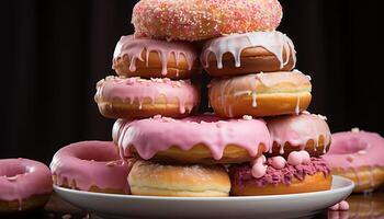 ai gerado pilha do colorida rosquinhas em uma placa, tentador indulgência para celebração gerado de ai foto