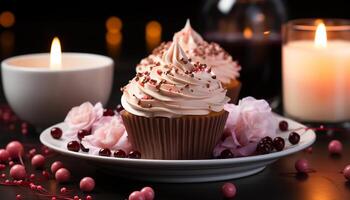 ai gerado indulgente caseiro chocolate Bolinho com Rosa glacê, vela decoração gerado de ai foto