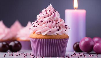 ai gerado caseiro Bolinho com Rosa glacê, chocolate decoração, e aniversário vela gerado de ai foto