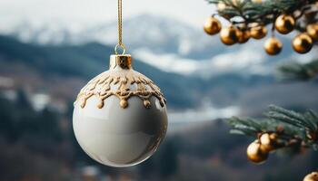 ai gerado inverno celebração Natal enfeite suspensão em neve coberto abeto árvore gerado de ai foto