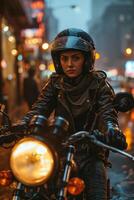 ai gerado retrato do uma jovem motociclista mulher dentro chuvoso clima foto