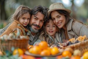 ai gerado foto do uma família desfrutando uma piquenique dentro a parque, com uma colorida cobertor e guloseimas