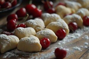 ai gerado fazer coração em forma dumplings com cerejas em a mesa foto