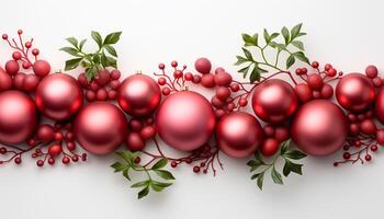 ai gerado inverno celebração Natal ornamento, brilhante bola, floco de neve, azevinho, abeto árvore gerado de ai foto