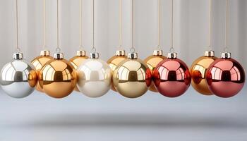ai gerado inverno celebração Natal ornamento, ouro esfera, brilhante floco de neve decoração gerado de ai foto