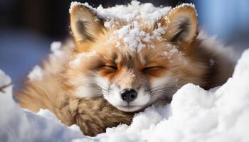 ai gerado fofa cachorro jogando dentro a neve, olhos fechado, sentado suavemente gerado de ai foto