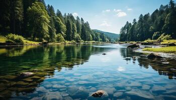 ai gerado tranquilo cena verde Prado, montanha pico, refletindo dentro pacífico lagoa gerado de ai foto