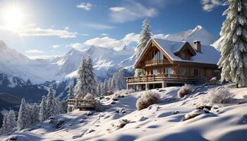 ai gerado inverno panorama Nevado montanhas, tranquilo floresta, acolhedor cabana, azul céu gerado de ai foto