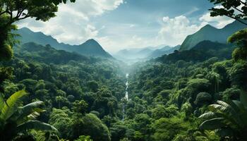 ai gerado montanha panorama com verde árvores, névoa, e nublado céu gerado de ai foto