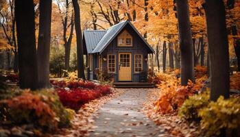 ai gerado tranquilo outono panorama amarelo folhas, rústico cabana, vibrante natureza gerado de ai foto