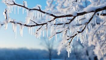 ai gerado inverno beleza neve coberto árvore galhos dentro uma gelado floresta gerado de ai foto