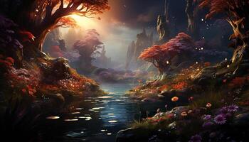 ai gerado misterioso floresta às crepúsculo, uma fantasia panorama pintado com criatividade gerado de ai foto