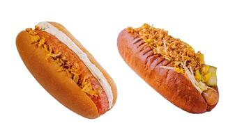 delicioso gourmet grelhado quente cachorros com mostarda, picles, cebola foto