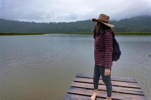 viajante mulher contempla a panorama dentro a peruano selva. foto