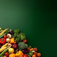 ai gerado sortimento do fresco legumes e frutas em uma verde fundo foto