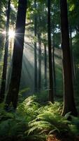 ai gerado encantado floresta luz solar filtrando através denso marquise do árvores foto