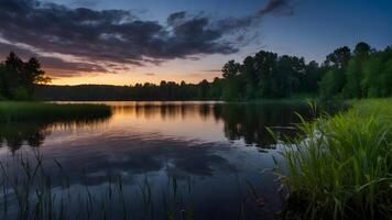 ai gerado crepúsculo tranquilidade pacífico beira do lago retiro Como noite cai foto