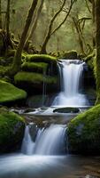 ai gerado caprichoso cachoeiras em cascata córregos entre musgoso pedras foto