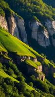 ai gerado épico escarpas íngreme penhasco rostos esculpido de natureza foto