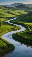 ai gerado tranquilo campo preguiçoso rio Meandros através verde vales foto