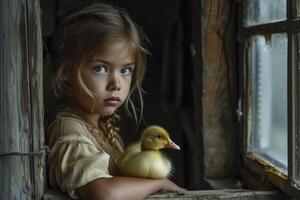 ai gerado pequeno menina segurando uma pequeno pato. generativo ai foto