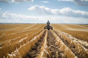 ai gerado agricultor aração em a campo com uma arado foto