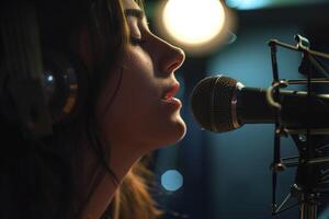 ai gerado jovem menina cantando e gravação com uma microfone. generativo ai foto