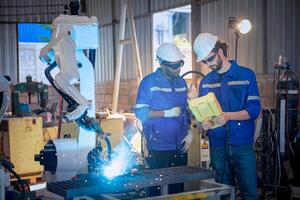 dois engenheiros mecânico usando computador controlador robótico braço para Soldagem aço dentro aço fábrica oficina. indústria robô programação Programas para automatizado fabricação tecnologia . foto