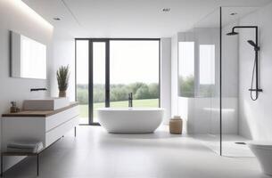 ai gerado moderno branco banheiro interior com bancada bacia, espelho e chuveiro foto