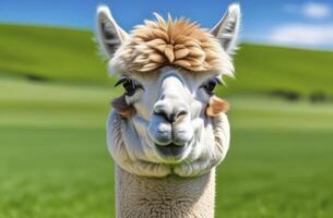 ai gerado uma retrato do engraçado alpaca animal pastar em verde campo em azul céu foto