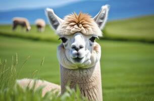 ai gerado uma retrato do engraçado alpaca animal pastar em verde campo em azul céu foto