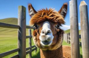 ai gerado uma retrato do engraçado alpaca animal pastar em verde campo em azul céu foto