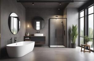ai gerado moderno cinzento banheiro interior dentro loft estilo com bancada bacia, espelho e chuveiro foto