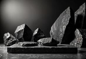 ai gerado Sombrio pedra pódio minimalista mostruário com geométrico textura foto