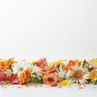 ai gerado vibrante grupo do sortido flores em imaculado suave fundo foto