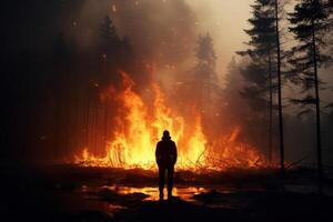 ai gerado silhueta do homem contra fundo do floresta fogo. generativo ai foto