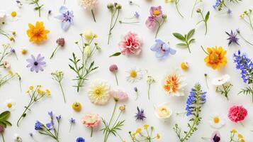 ai gerado plano deitar Primavera flores espalhados em branco mesa. floral padronizar fez do Prado verde folhas, galhos. topo Visão do plantas para namorados aniversário bandeira com cópia de espaço. verão para texto foto