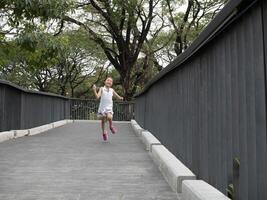 criança menina criança filho pessoa pessoas humano corrida andar ponte infância ao ar livre estilo de vida jogando verão esporte natureza família pequeno parque juntos retrato apreciar Diversão Prado escola liberdade feliz seguro foto