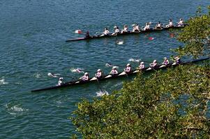 folsom, ca, 2011 - mulheres equipe técnica remadores praticando em lago foto