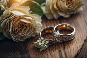 ai gerado diamante Casamento argolas joalheria e flores ramalhete para a Casamento noivado e lua de mel foto