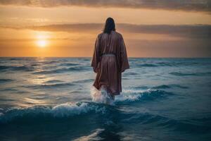 ai gerado milagre do Jesus Cristo caminhando em água, completamente Bíblia histórias e legendas foto