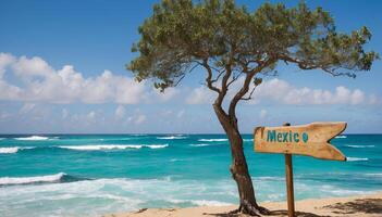 ai gerado placa apontando para a direção do México com cênico de praia e oceano dentro a fundo foto