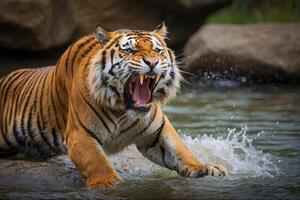 ai gerado uma tigre é mostrando com Está boca Largo abrir, mostrando Está dentes foto