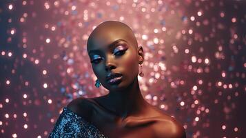 ai gerado Careca africano americano mulher dentro néon brilhando fundo. retrato do glamour fêmea com Rosa inventar, lindo jovem futurista modelo. moderno na moda moda Festa. ai gerado foto